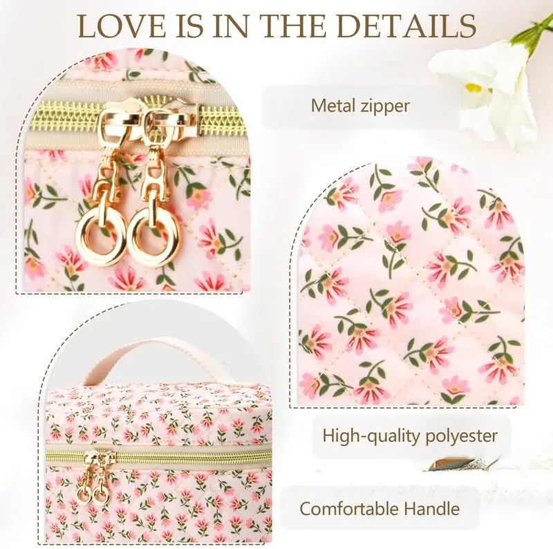 3 PCS Travel Makeup Bag Set, A-Z Initials Cotton Make up Bag Floral Quilted Cosmetic Bag for Girls and Women, Personalized Cute Toiletry Bag Travel Accessories Brushes Bag Flower - A