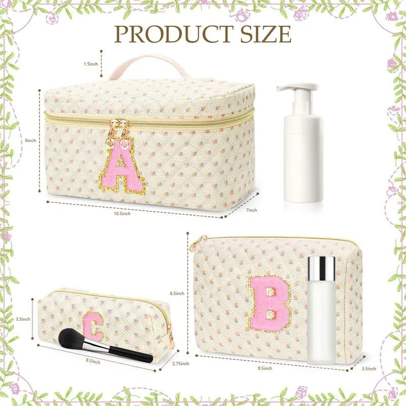 3 PCS Travel Makeup Bag Set, A-Z Initials Cotton Make up Bag Floral Quilted Cosmetic Bag for Girls and Women, Personalized Cute Toiletry Bag Travel Accessories Brushes Bag Flower - A