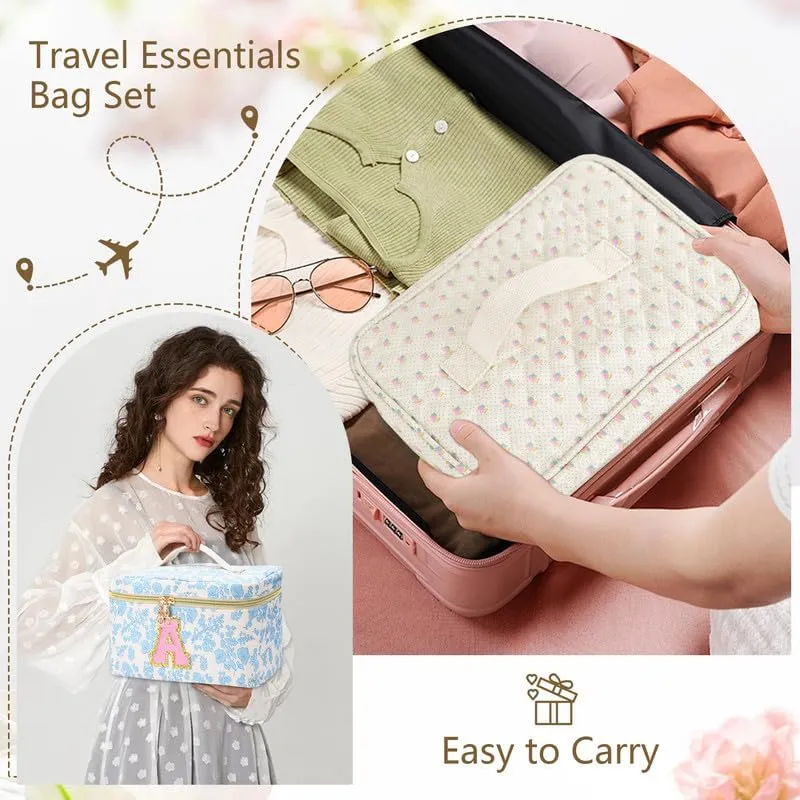 3 PCS Travel Makeup Bag Set, A-Z Initials Cotton Make up Bag Floral Quilted Cosmetic Bag for Girls and Women, Personalized Cute Toiletry Bag Travel Accessories Brushes Bag Flower - A