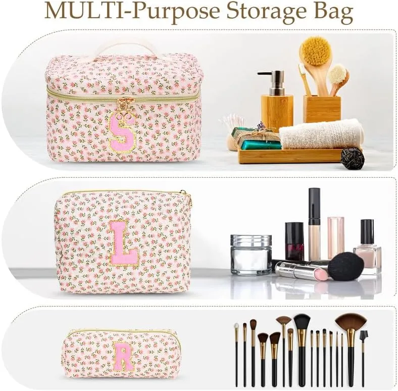 3 PCS Travel Makeup Bag Set, A-Z Initials Cotton Make up Bag Floral Quilted Cosmetic Bag for Girls and Women, Personalized Cute Toiletry Bag Travel Accessories Brushes Bag Flower - A