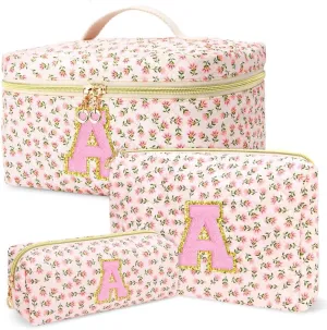 3 PCS Travel Makeup Bag Set, A-Z Initials Cotton Make up Bag Floral Quilted Cosmetic Bag for Girls and Women, Personalized Cute Toiletry Bag Travel Accessories Brushes Bag Flower - A