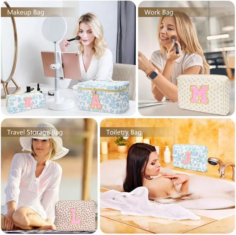 3 PCS Travel Makeup Bag Set, A-Z Initials Cotton Make up Bag Floral Quilted Cosmetic Bag for Girls and Women, Personalized Cute Toiletry Bag Travel Accessories Brushes Bag Flower - A