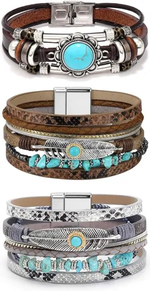 3 Pcs Western Country Jewelry for Women Turquoise Bracelet for Women Boho Leather Layered Bracelet Jewelry for Women Silver Cuff Bangle