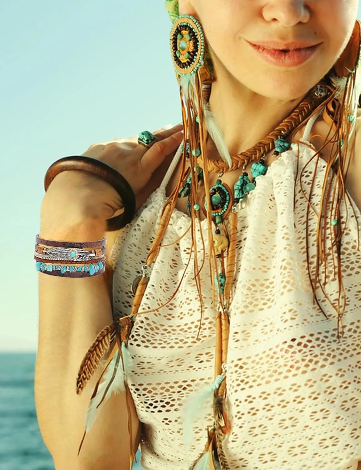 3 Pcs Western Country Jewelry for Women Turquoise Bracelet for Women Boho Leather Layered Bracelet Jewelry for Women Silver Cuff Bangle