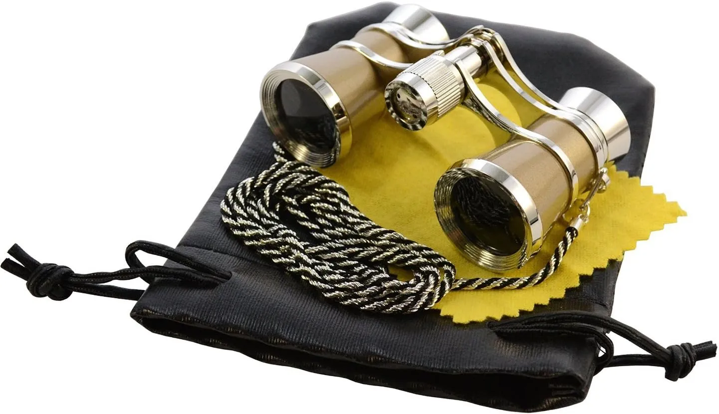 3 x 25 Opera Glasses Golden with Crystal Clear Optic (CCO) and Silver Trim w/Necklace Chain by HQRP