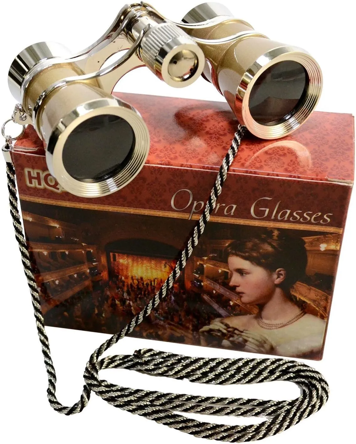 3 x 25 Opera Glasses Golden with Crystal Clear Optic (CCO) and Silver Trim w/Necklace Chain by HQRP
