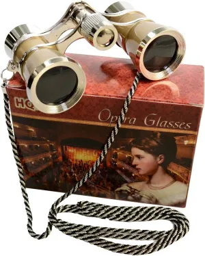 3 x 25 Opera Glasses Golden with Crystal Clear Optic (CCO) and Silver Trim w/Necklace Chain by HQRP