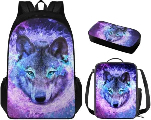 3d Cool Wolf Print Backpack With Lunch Box Kids Girls Large Capacity Teen Girl Backpack Leakproof Removable Strap Lunch Bag Kids Girls for Travel School Picnic Shopping
