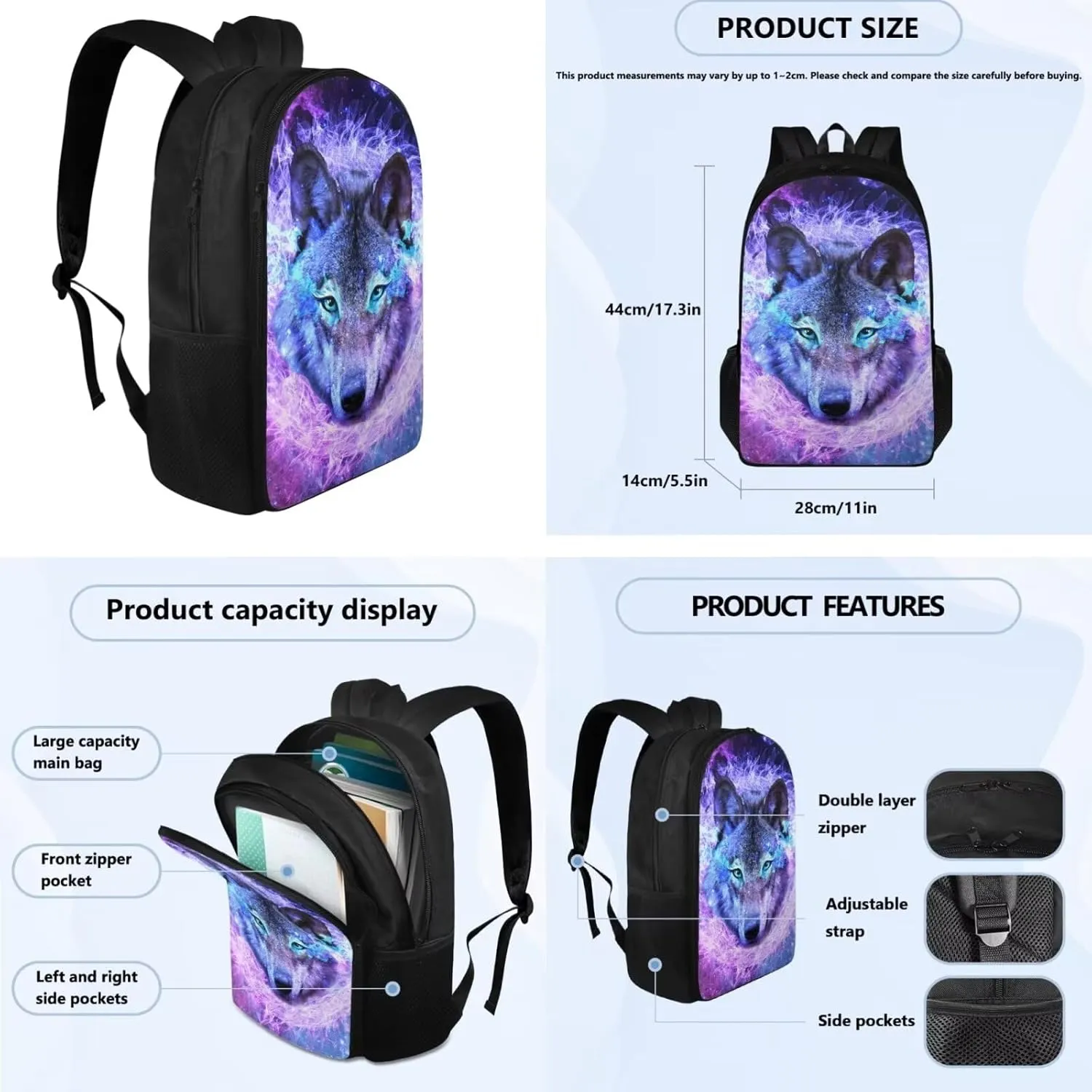 3d Cool Wolf Print Backpack With Lunch Box Kids Girls Large Capacity Teen Girl Backpack Leakproof Removable Strap Lunch Bag Kids Girls for Travel School Picnic Shopping