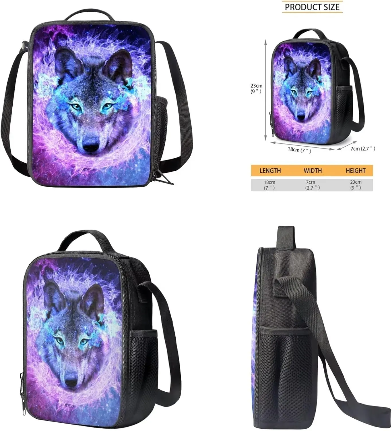 3d Cool Wolf Print Backpack With Lunch Box Kids Girls Large Capacity Teen Girl Backpack Leakproof Removable Strap Lunch Bag Kids Girls for Travel School Picnic Shopping