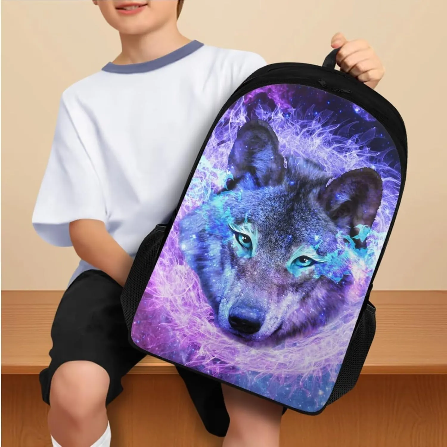 3d Cool Wolf Print Backpack With Lunch Box Kids Girls Large Capacity Teen Girl Backpack Leakproof Removable Strap Lunch Bag Kids Girls for Travel School Picnic Shopping