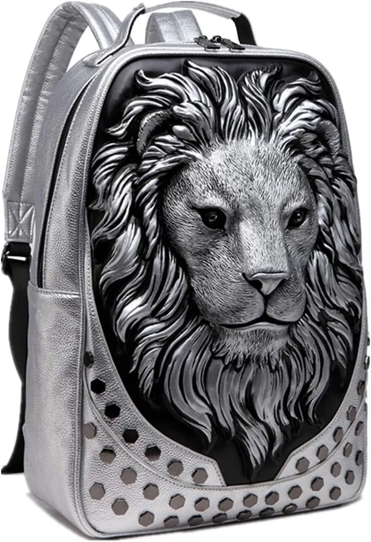3D Lion Laptop Backpack Unique Designer PU Leather Fashion Travel Rivet Punk Backpack (Silver)