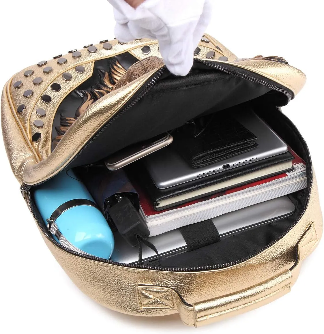 3D Lion Laptop Backpack Unique Designer PU Leather Fashion Travel Rivet Punk Backpack (Silver)