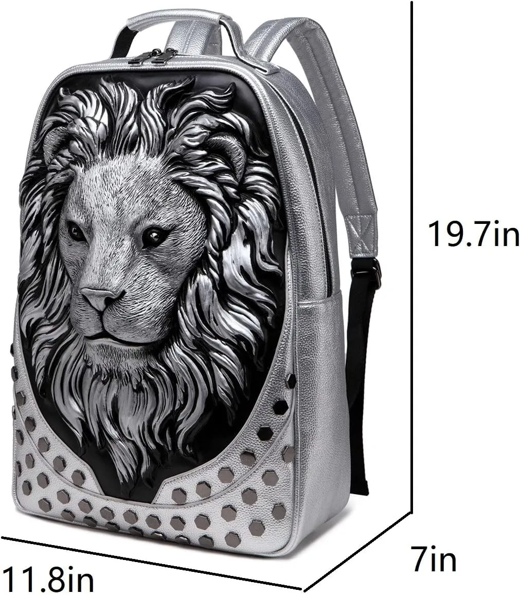 3D Lion Laptop Backpack Unique Designer PU Leather Fashion Travel Rivet Punk Backpack (Silver)