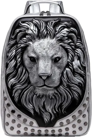3D Lion Laptop Backpack Unique Designer PU Leather Fashion Travel Rivet Punk Backpack (Silver)