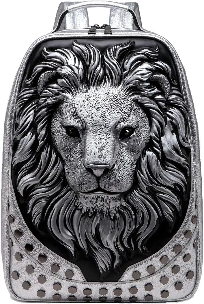 3D Lion Laptop Backpack Unique Designer PU Leather Fashion Travel Rivet Punk Backpack (Silver)