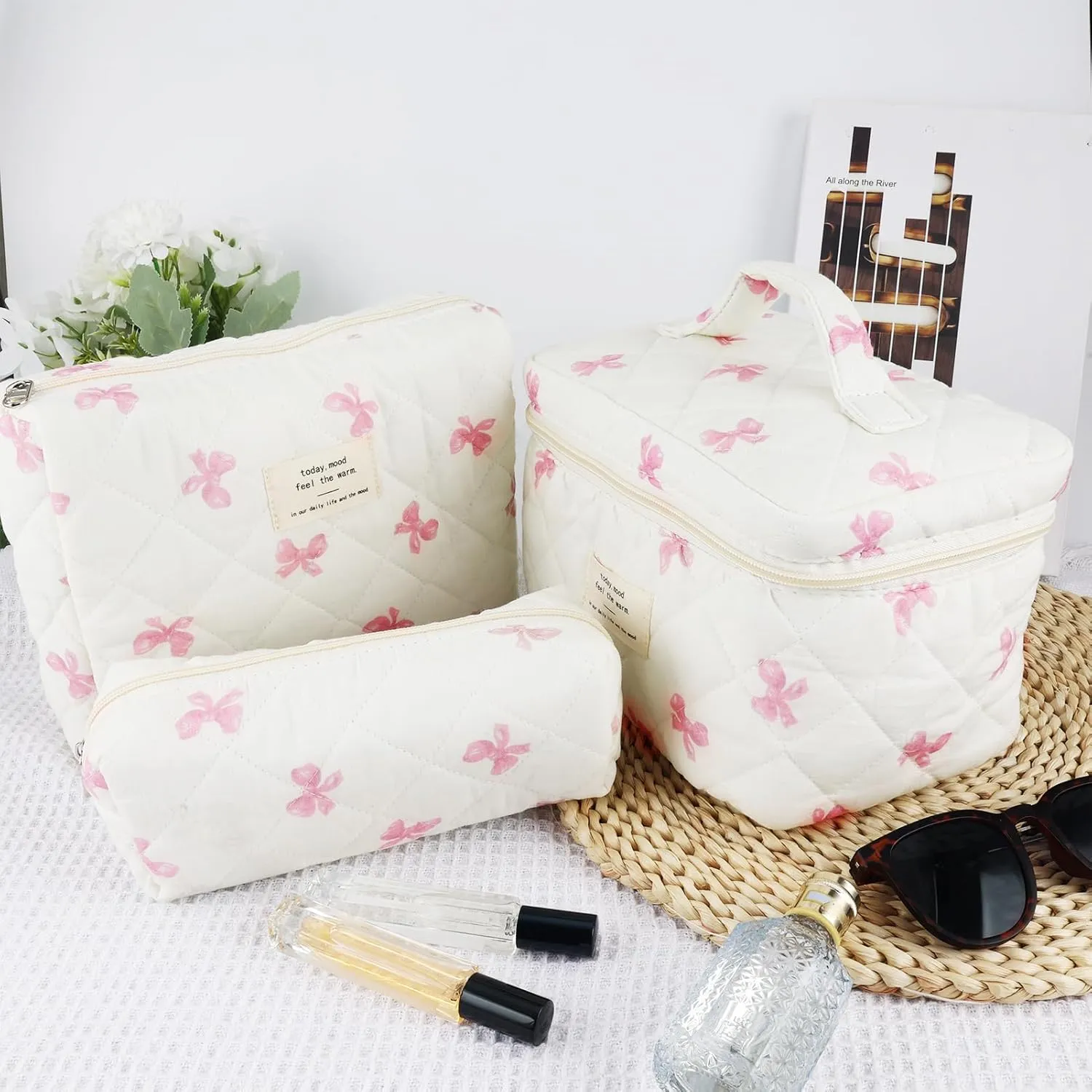 3Pcs Cotton Quilted Makeup Bag for Women Extra Large Coquette Small Floral Travel Cosmetic Bag Set Aesthetic Cute Bow Makeup Pouch Portable Toiletry Bag Puffy Essential Storage Organizer