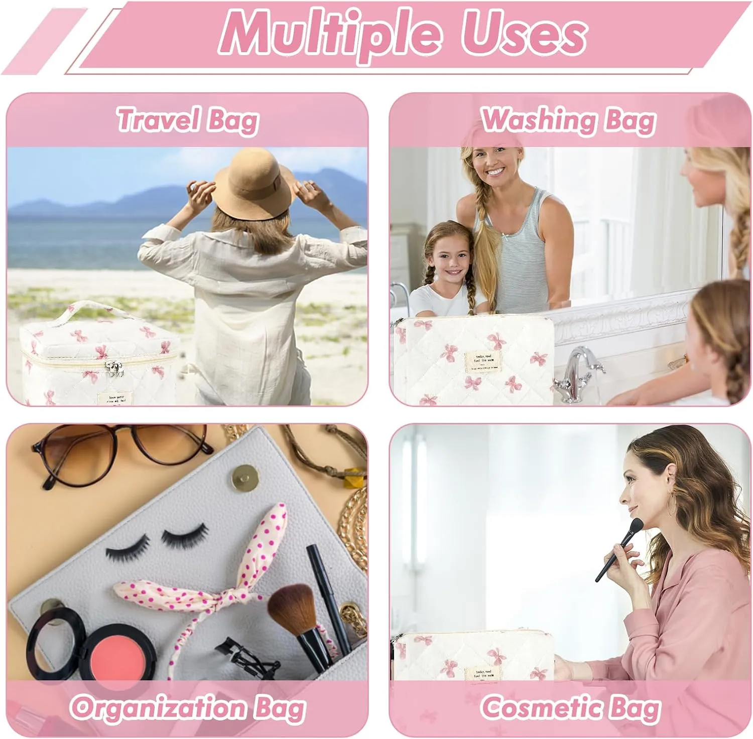 3Pcs Cotton Quilted Makeup Bag for Women Extra Large Coquette Small Floral Travel Cosmetic Bag Set Aesthetic Cute Bow Makeup Pouch Portable Toiletry Bag Puffy Essential Storage Organizer