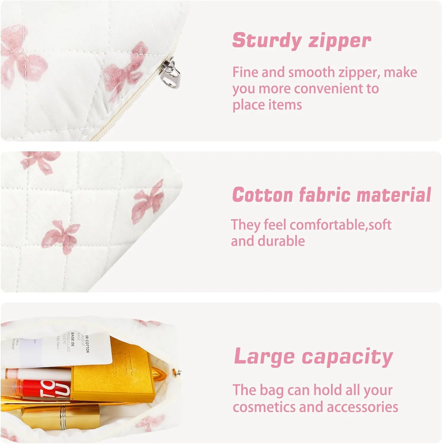 3Pcs Cotton Quilted Makeup Bag for Women Extra Large Coquette Small Floral Travel Cosmetic Bag Set Aesthetic Cute Bow Makeup Pouch Portable Toiletry Bag Puffy Essential Storage Organizer