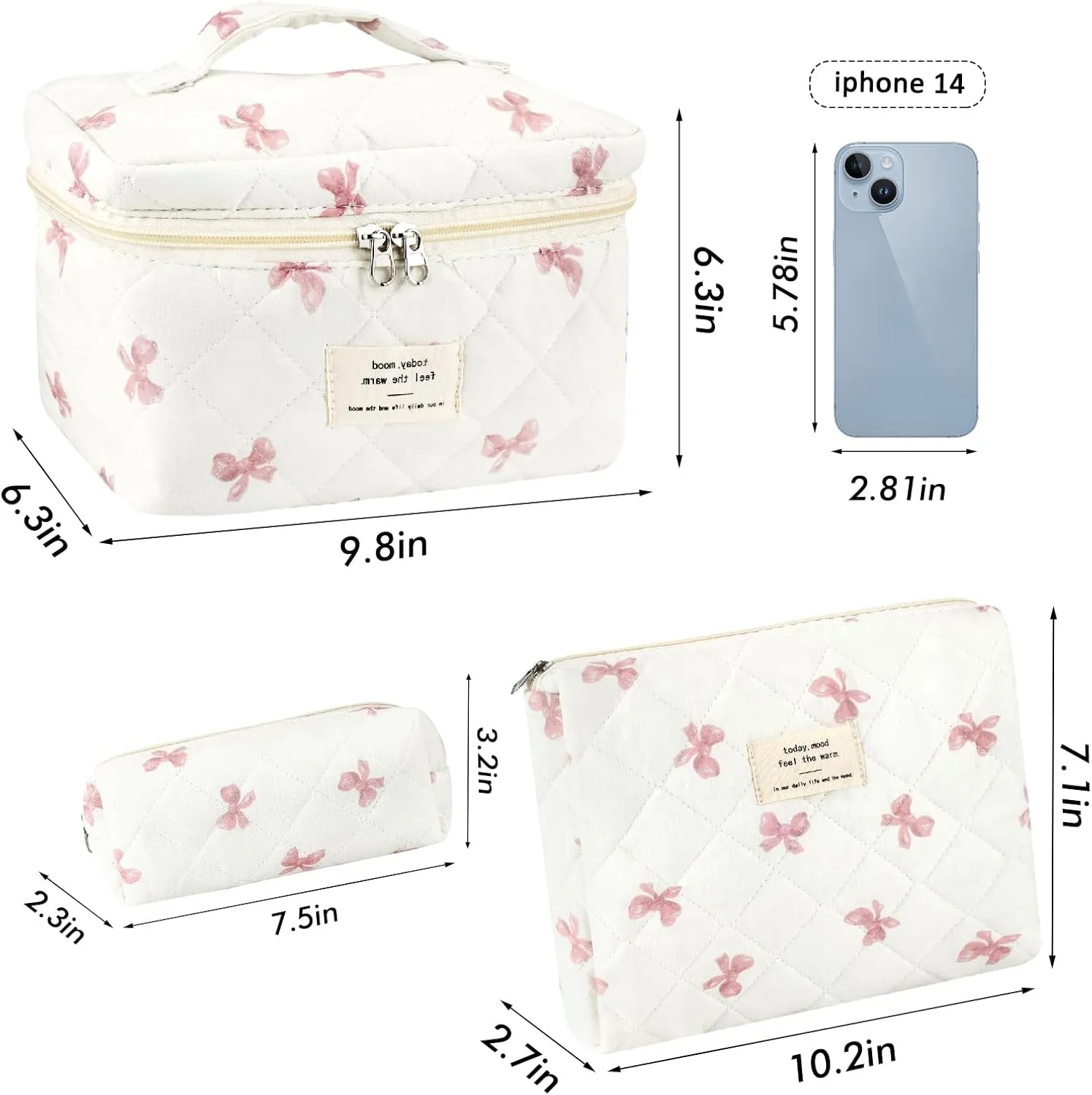 3Pcs Cotton Quilted Makeup Bag for Women Extra Large Coquette Small Floral Travel Cosmetic Bag Set Aesthetic Cute Bow Makeup Pouch Portable Toiletry Bag Puffy Essential Storage Organizer