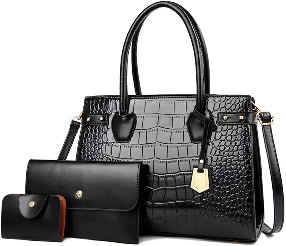 3Pcs Handbags Set for Women Classic Crocodile Pattern Faux Leather Purses Tote Bags Top Handle Handbag Wallet Clutch
