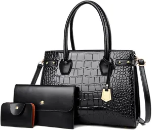 3Pcs Handbags Set for Women Classic Crocodile Pattern Faux Leather Purses Tote Bags Top Handle Handbag Wallet Clutch