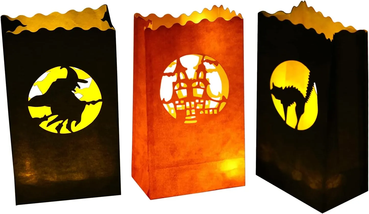 48 pcs Halloween Luminary Bags, Flame Resistant Luminaries, Orange and Black Tea Light Candle Bags - Witch, Black Cat Silhouette Decorations & Party Lanterns