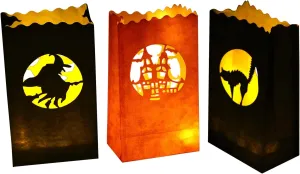 48 pcs Halloween Luminary Bags, Flame Resistant Luminaries, Orange and Black Tea Light Candle Bags - Witch, Black Cat Silhouette Decorations & Party Lanterns