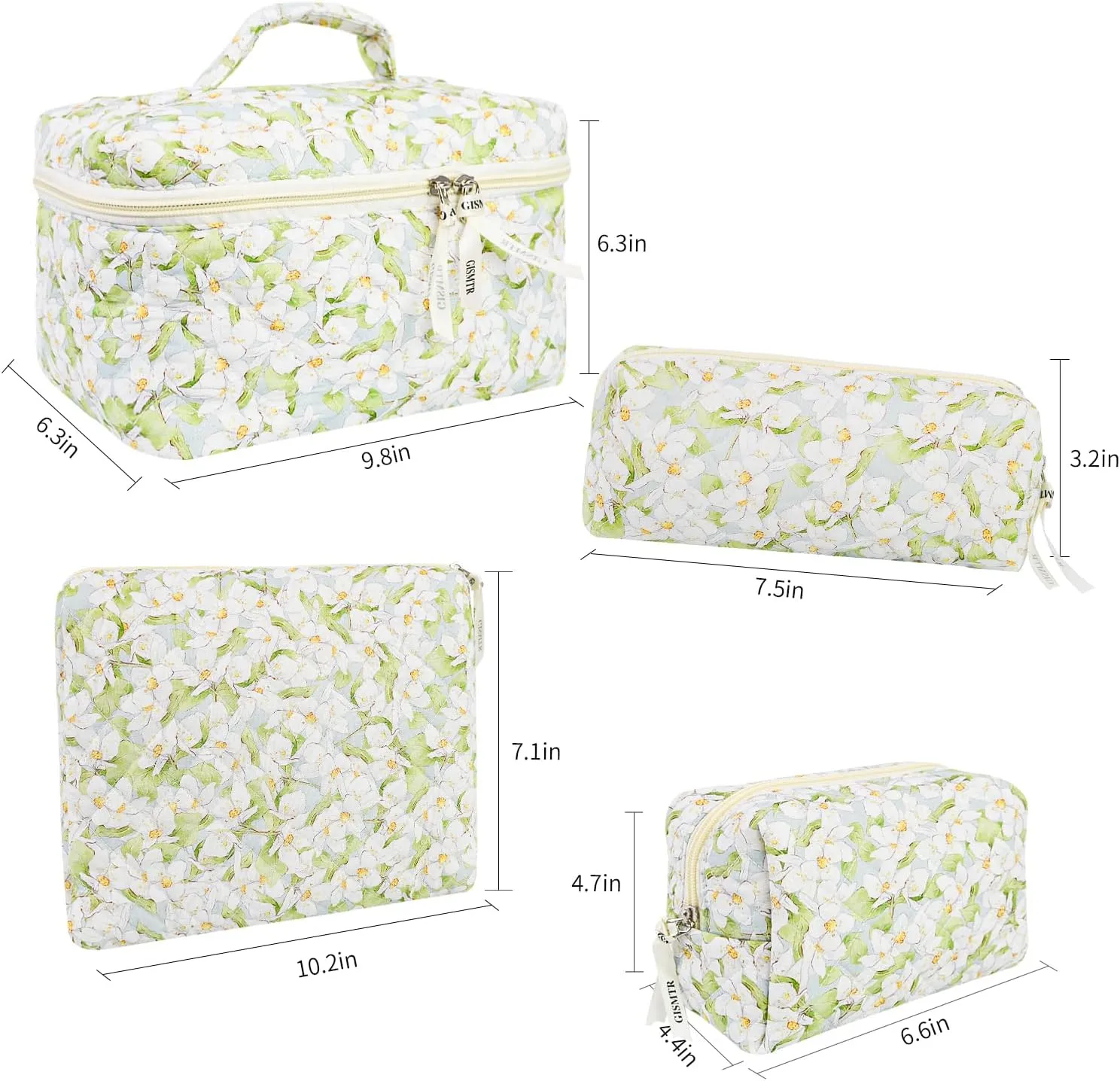 4Pcs Quilted Makeup Bag Set Cute Floral Cosmetic Bag Cotton Coquette Make up Bag Aesthetic Travel Toiletry Bag for Women Girls