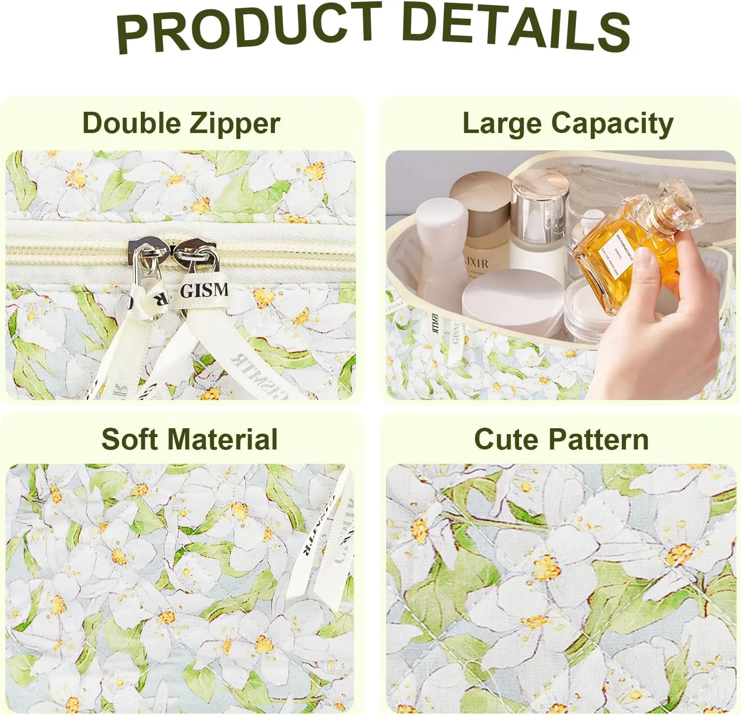 4Pcs Quilted Makeup Bag Set Cute Floral Cosmetic Bag Cotton Coquette Make up Bag Aesthetic Travel Toiletry Bag for Women Girls