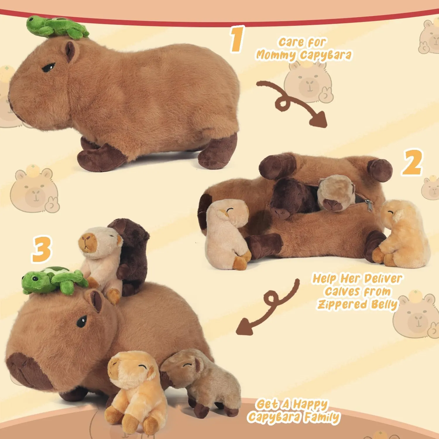 5 in 1 Capybara Plush, 14.2 Inches Capybara Stuffed Animal with Babies Inside Mommy Capybara Plush Pillow with 4 Baby Capybara Plushies Toys in Zippered Pouch for Kids Boys Girls Gifts Party Favors