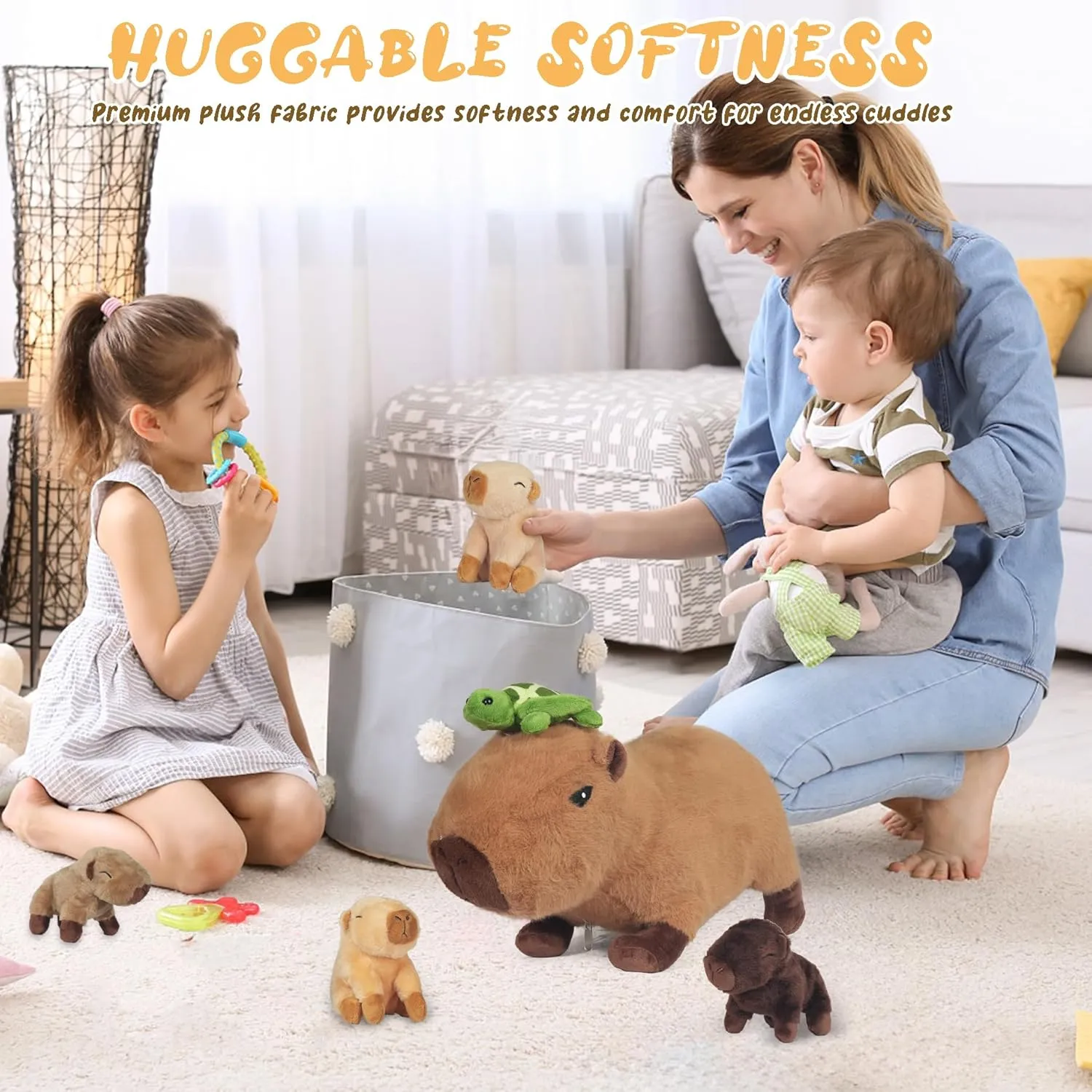 5 in 1 Capybara Plush, 14.2 Inches Capybara Stuffed Animal with Babies Inside Mommy Capybara Plush Pillow with 4 Baby Capybara Plushies Toys in Zippered Pouch for Kids Boys Girls Gifts Party Favors