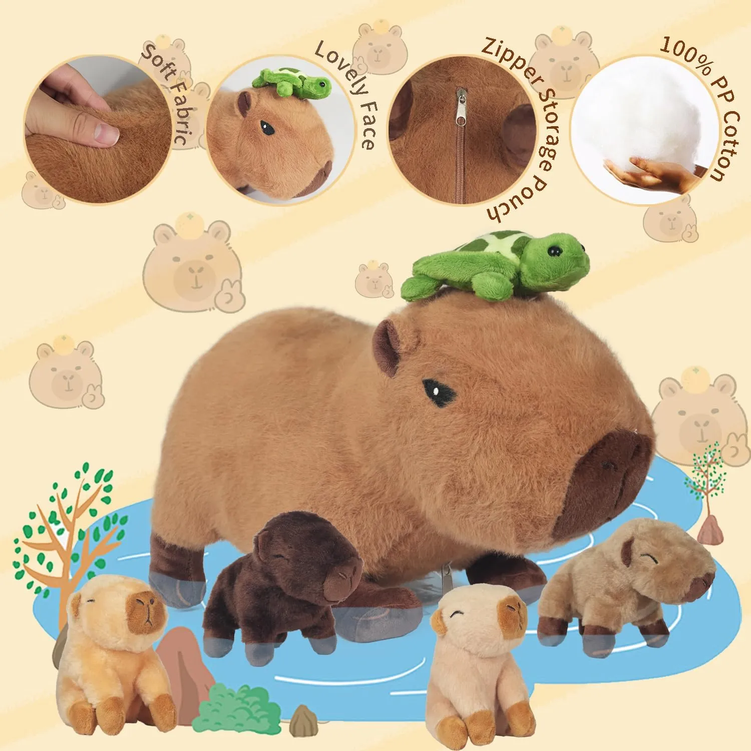 5 in 1 Capybara Plush, 14.2 Inches Capybara Stuffed Animal with Babies Inside Mommy Capybara Plush Pillow with 4 Baby Capybara Plushies Toys in Zippered Pouch for Kids Boys Girls Gifts Party Favors