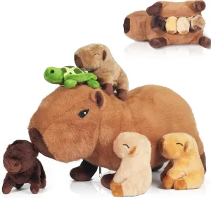 5 in 1 Capybara Plush, 14.2 Inches Capybara Stuffed Animal with Babies Inside Mommy Capybara Plush Pillow with 4 Baby Capybara Plushies Toys in Zippered Pouch for Kids Boys Girls Gifts Party Favors