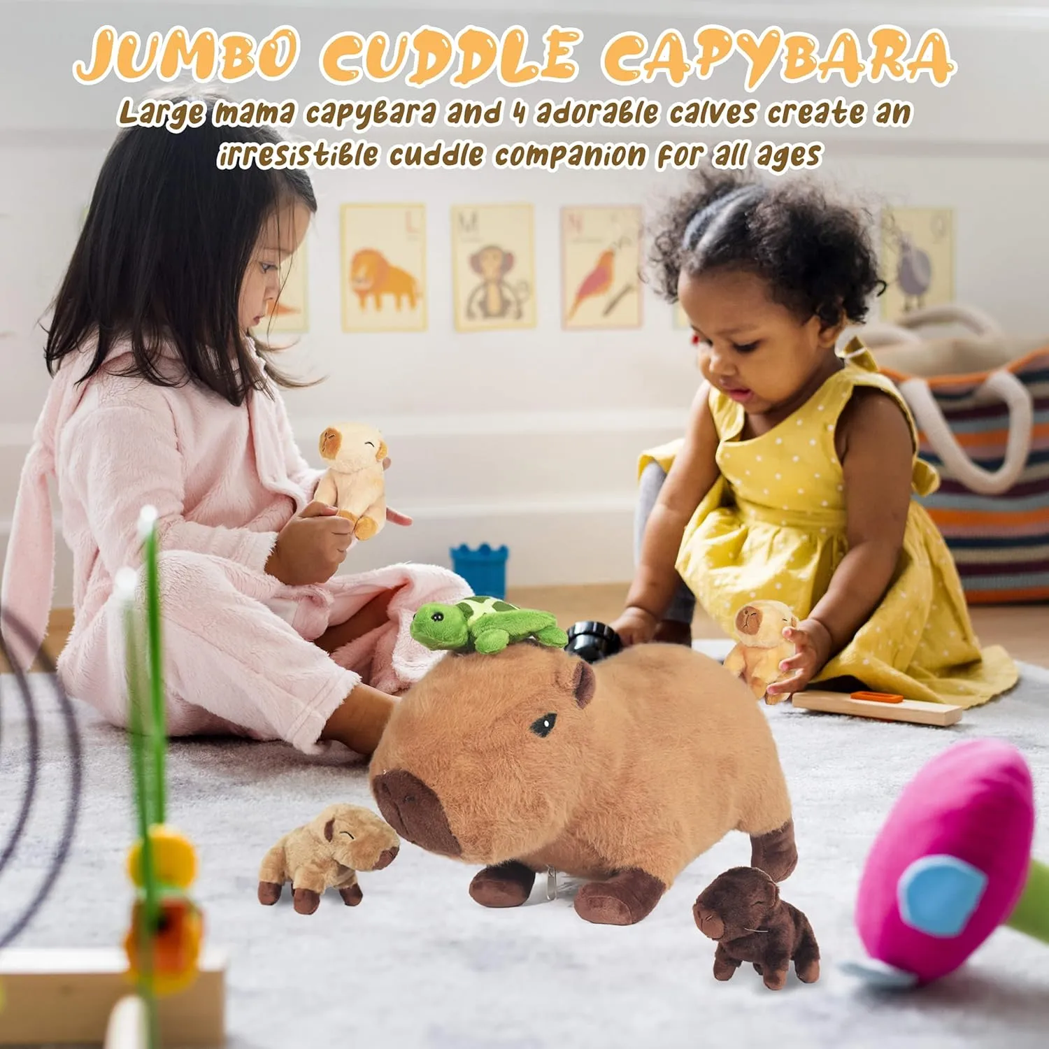 5 in 1 Capybara Plush, 14.2 Inches Capybara Stuffed Animal with Babies Inside Mommy Capybara Plush Pillow with 4 Baby Capybara Plushies Toys in Zippered Pouch for Kids Boys Girls Gifts Party Favors