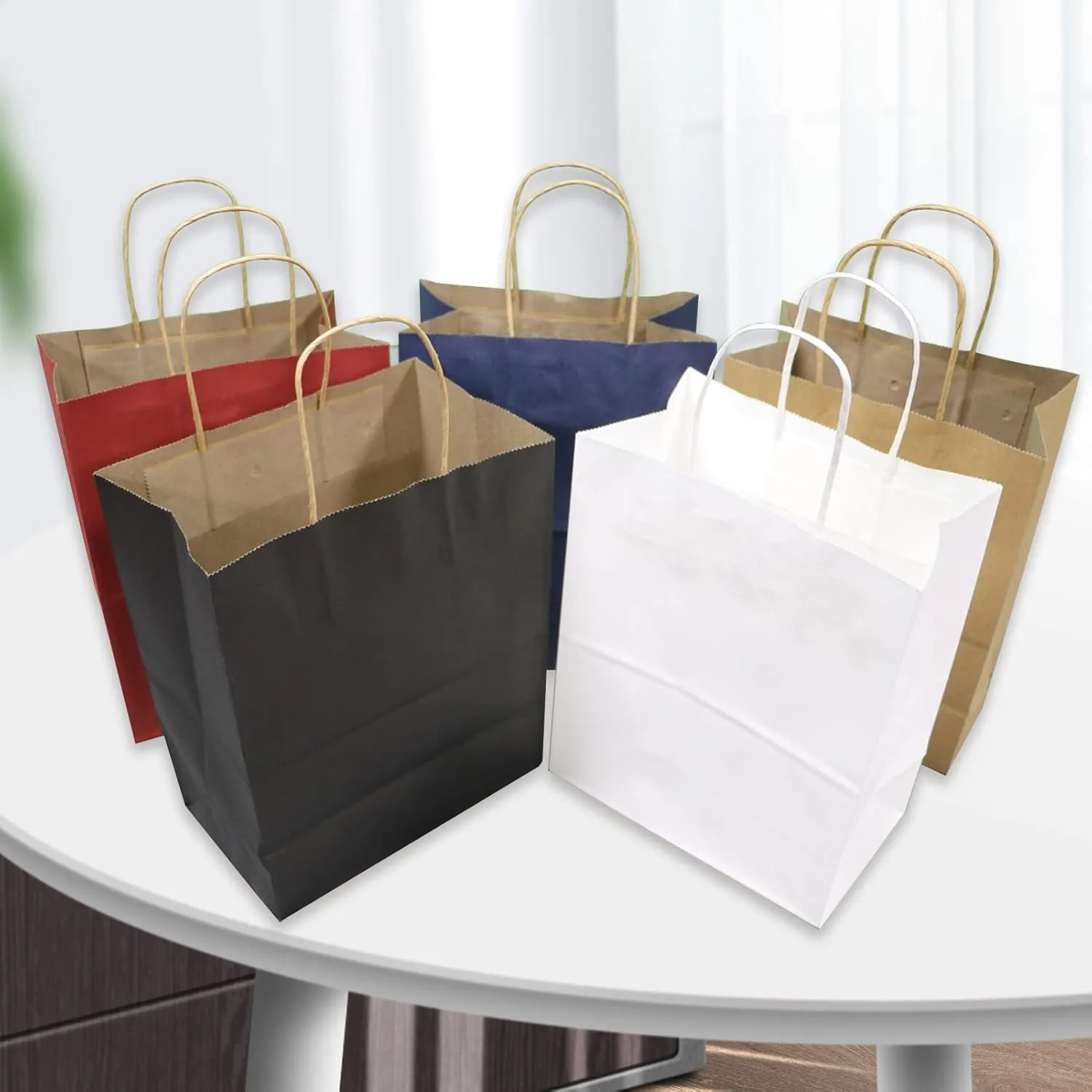 50-Pack Brown Paper Bags with Handles Bulk, 8x4.25x10.5 Inches,Medium-sized Gift Bags with Handles for Party Favors，Take-Out，Grocery Shopping & Retail，Reusable & Durable