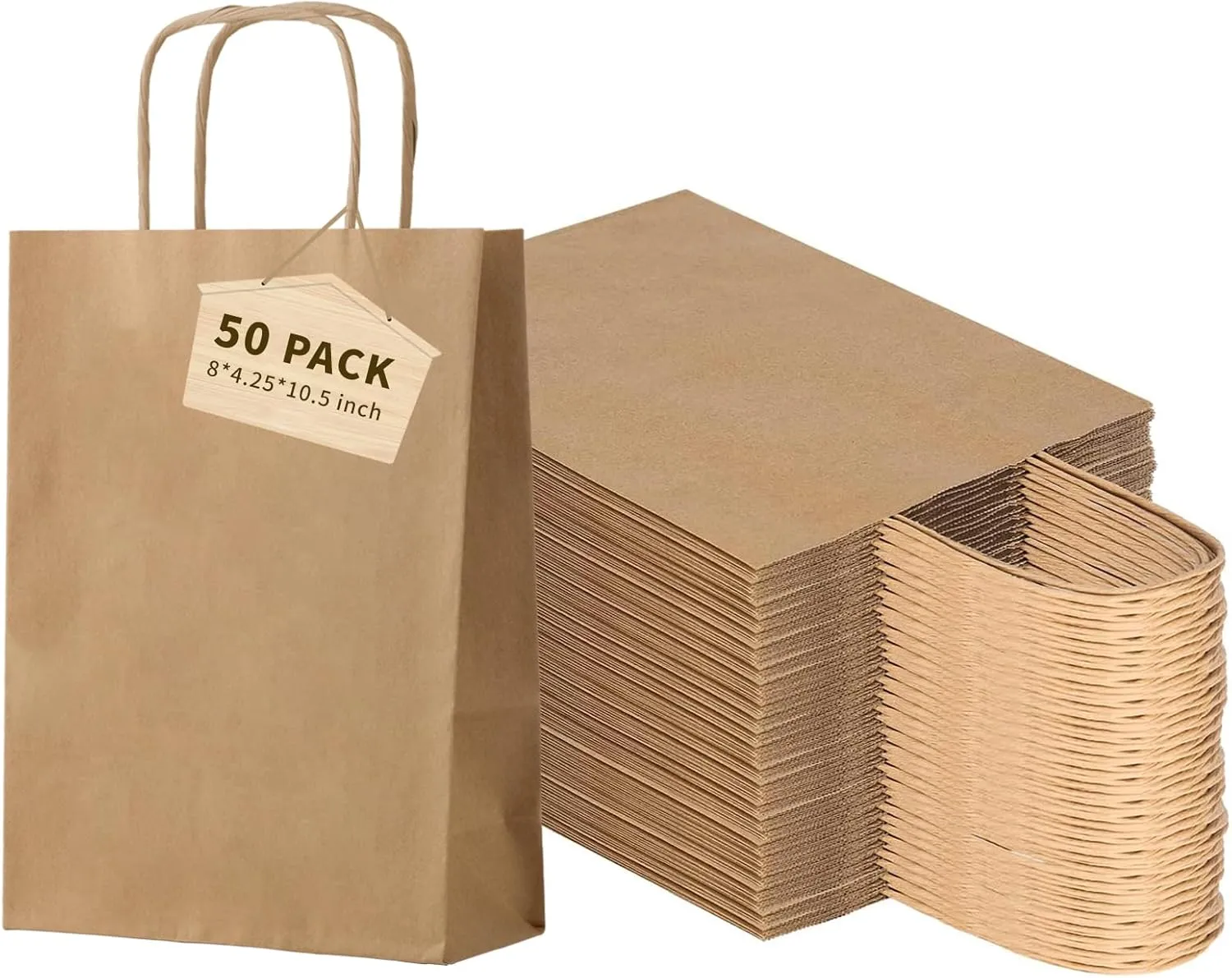 50-Pack Brown Paper Bags with Handles Bulk, 8x4.25x10.5 Inches,Medium-sized Gift Bags with Handles for Party Favors，Take-Out，Grocery Shopping & Retail，Reusable & Durable