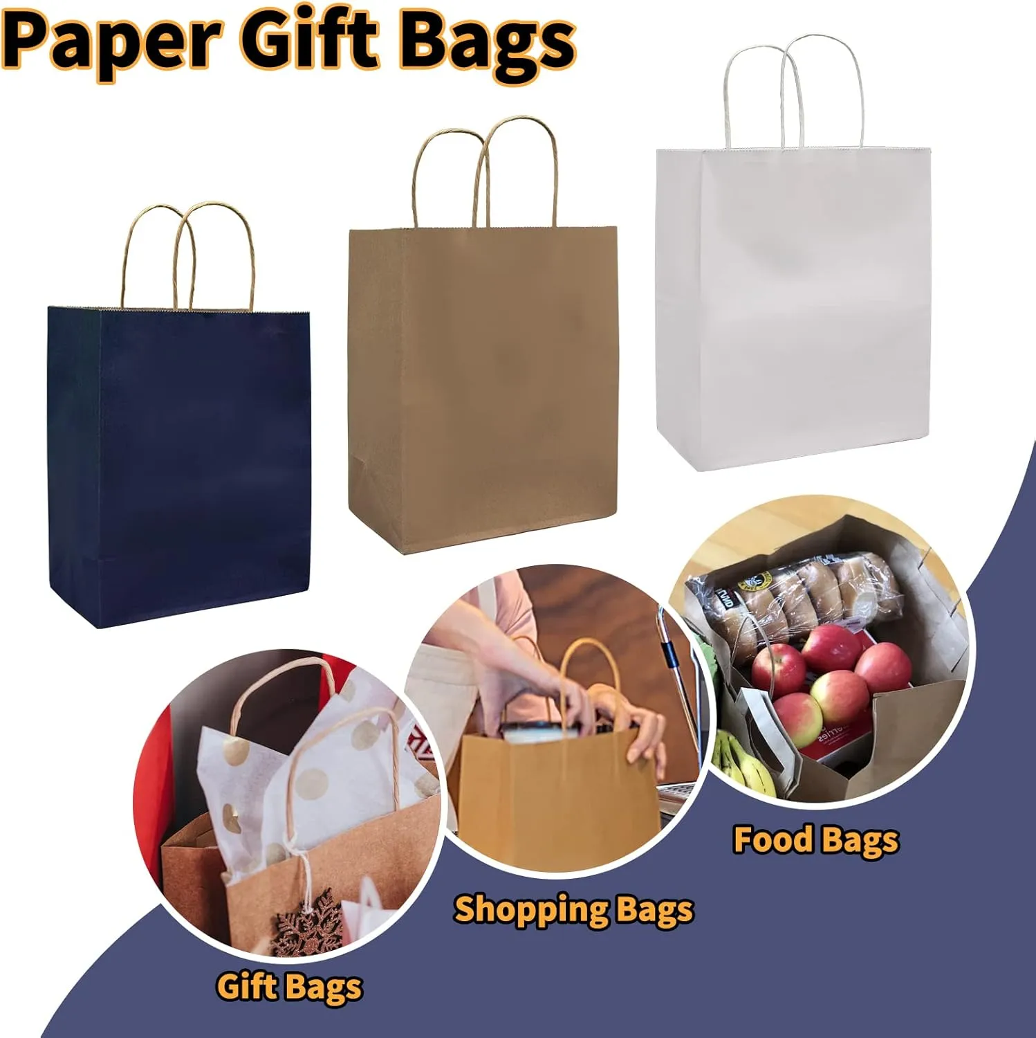 50-Pack Brown Paper Bags with Handles Bulk, 8x4.25x10.5 Inches,Medium-sized Gift Bags with Handles for Party Favors，Take-Out，Grocery Shopping & Retail，Reusable & Durable