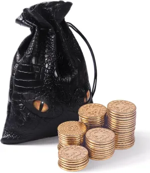 50 PCS Metal Dnd Coins with PU Leather Bag, Fantasy Gold Coins for Board Games, Game Tokens for Tabletop Rpg Games, Black Dragon Bag D and D Coins Collection, Mid-century Retro Gaming Accessories