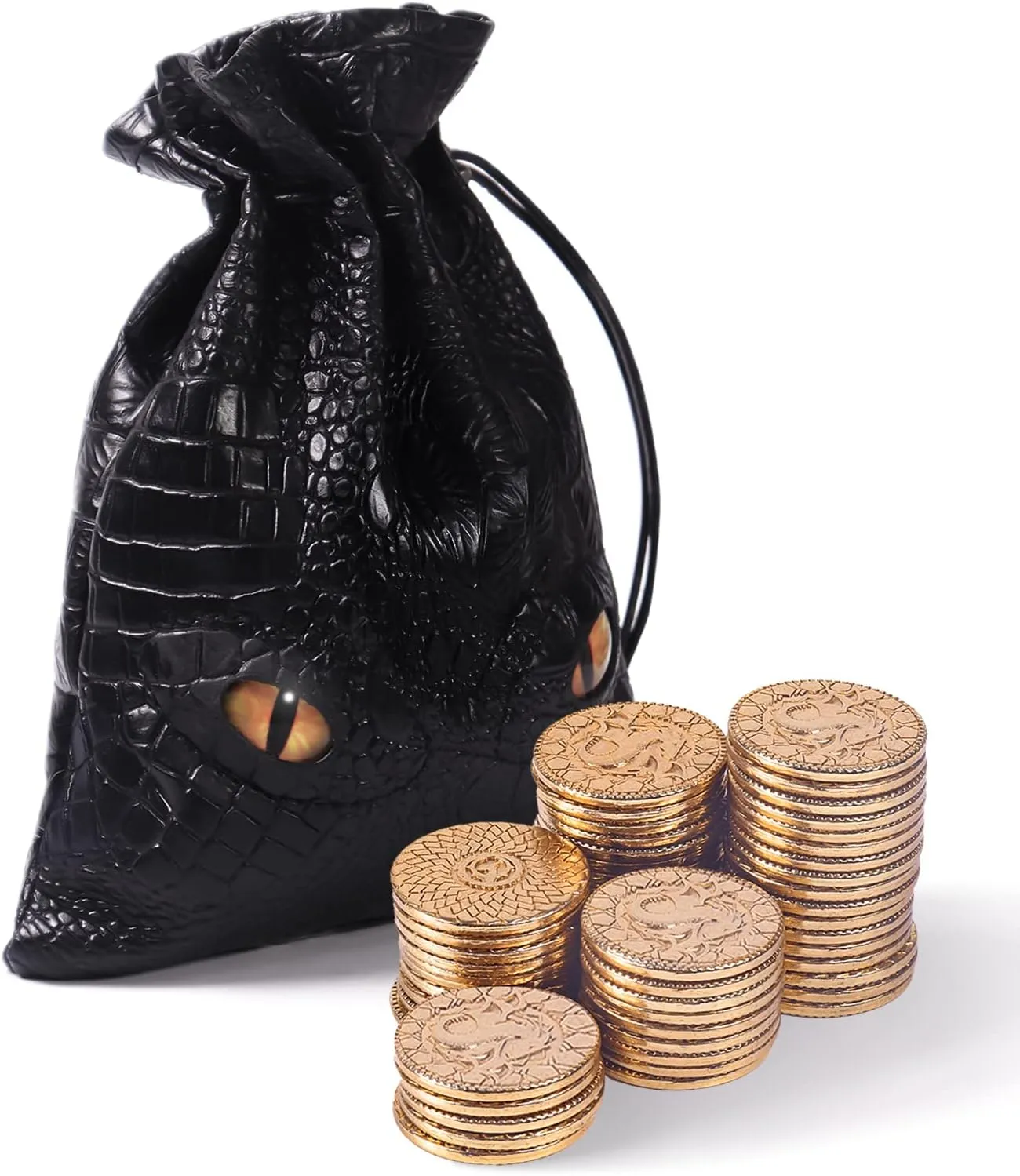50 PCS Metal Dnd Coins with PU Leather Bag, Fantasy Gold Coins for Board Games, Game Tokens for Tabletop Rpg Games, Black Dragon Bag D and D Coins Collection, Mid-century Retro Gaming Accessories