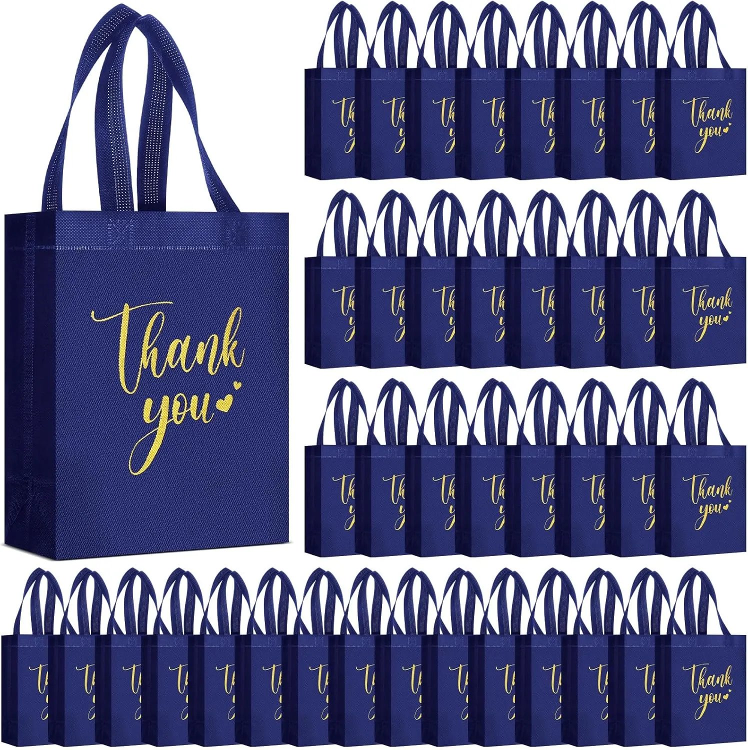 50 Pcs Thank You Gift Bags with Handles Bulk Thank You Non Woven Bags Reusable Gift Handbags Bridesmaid Souvenir Goodie Handbags for Wedding Shopping(10 x 8 x 4 Inch,Navy Blue)