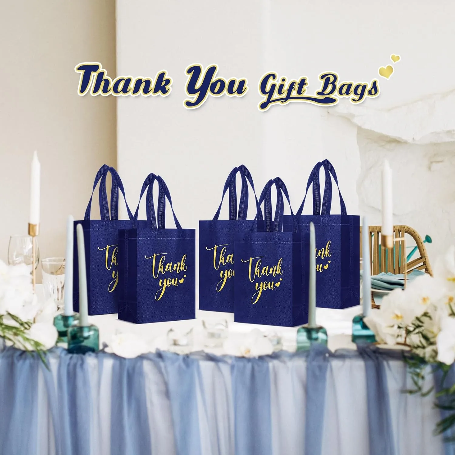 50 Pcs Thank You Gift Bags with Handles Bulk Thank You Non Woven Bags Reusable Gift Handbags Bridesmaid Souvenir Goodie Handbags for Wedding Shopping(10 x 8 x 4 Inch,Navy Blue)