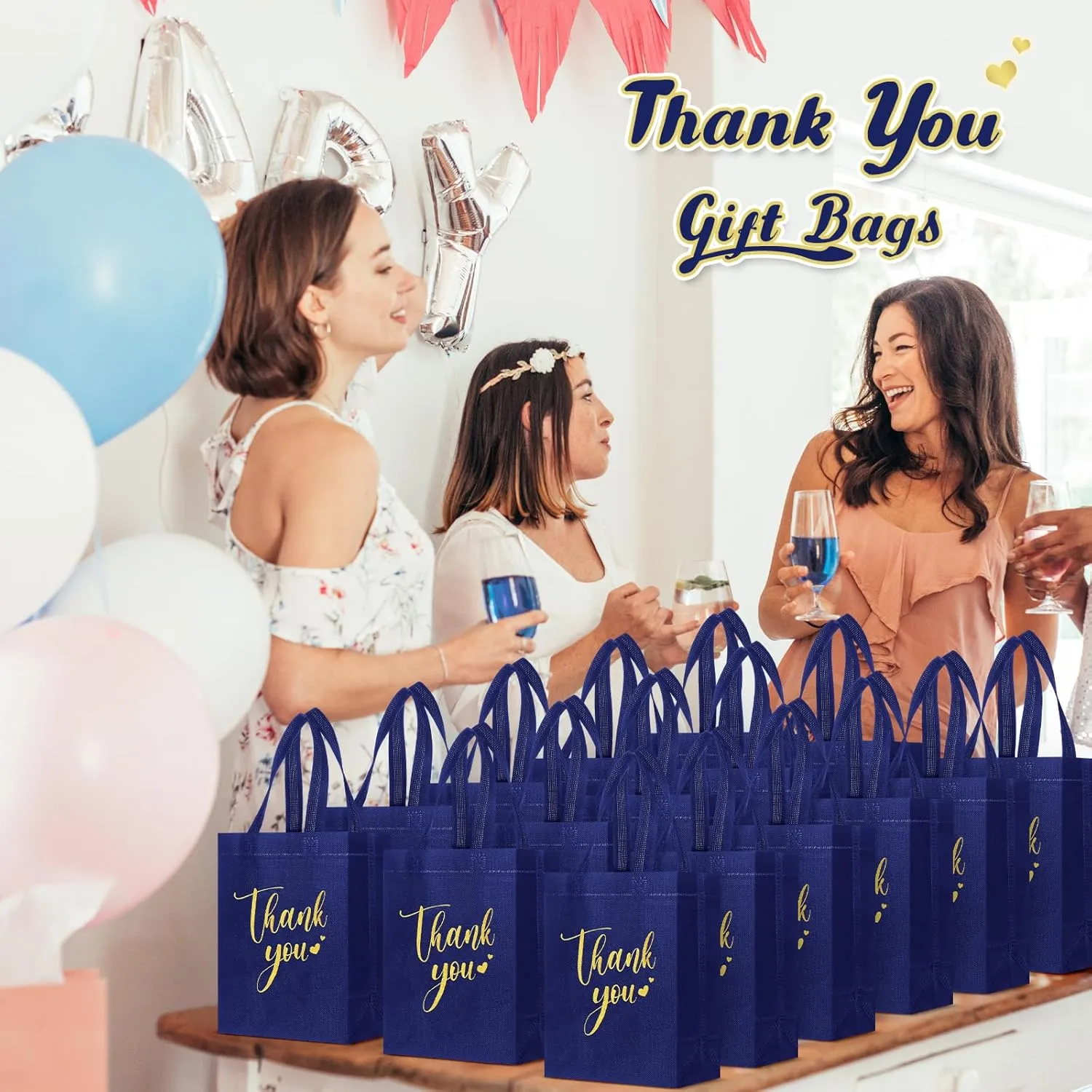 50 Pcs Thank You Gift Bags with Handles Bulk Thank You Non Woven Bags Reusable Gift Handbags Bridesmaid Souvenir Goodie Handbags for Wedding Shopping(10 x 8 x 4 Inch,Navy Blue)
