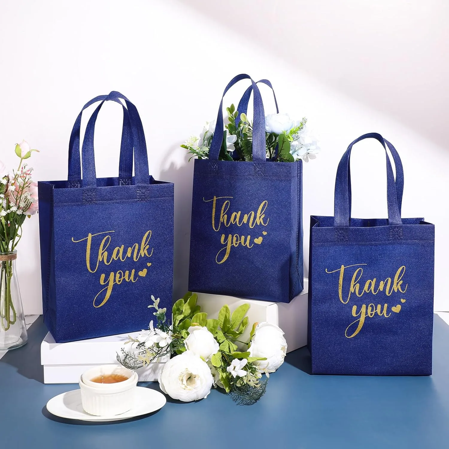 50 Pcs Thank You Gift Bags with Handles Bulk Thank You Non Woven Bags Reusable Gift Handbags Bridesmaid Souvenir Goodie Handbags for Wedding Shopping(10 x 8 x 4 Inch,Navy Blue)