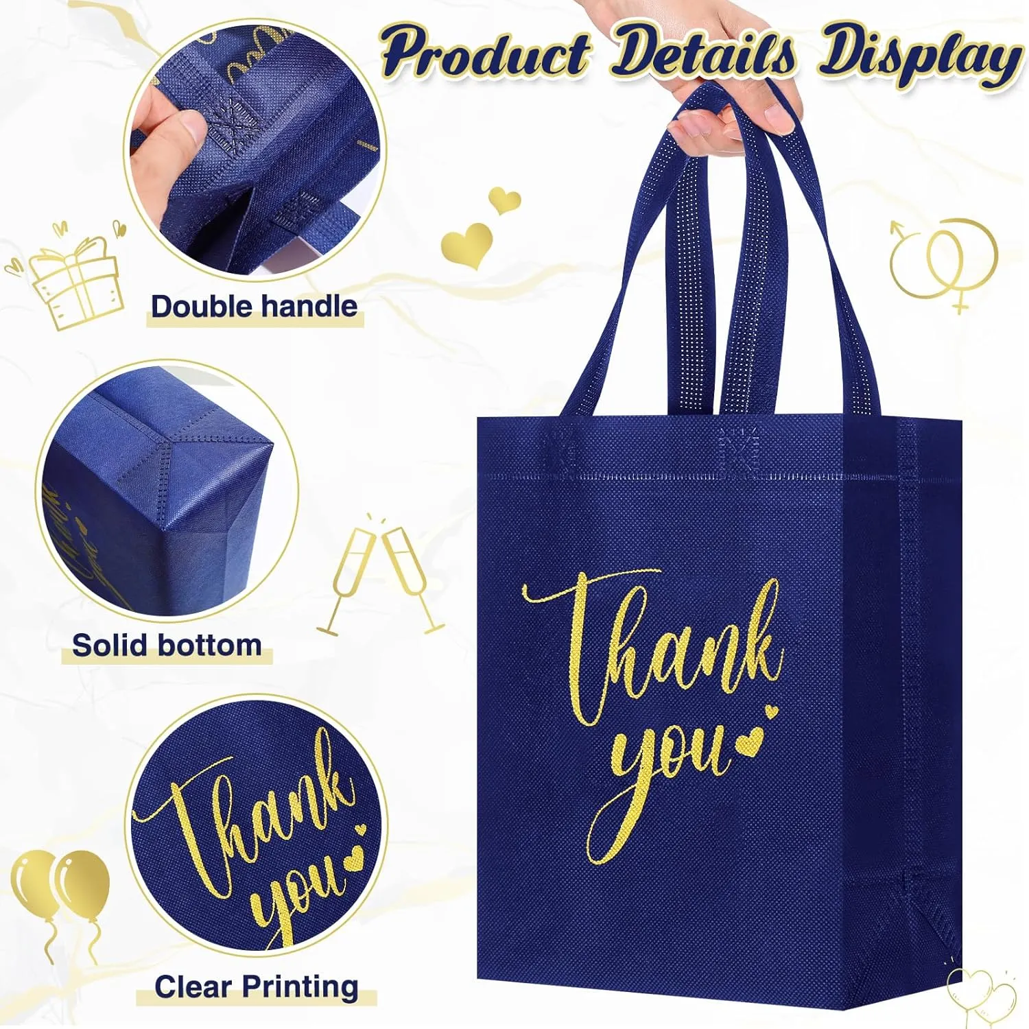 50 Pcs Thank You Gift Bags with Handles Bulk Thank You Non Woven Bags Reusable Gift Handbags Bridesmaid Souvenir Goodie Handbags for Wedding Shopping(10 x 8 x 4 Inch,Navy Blue)