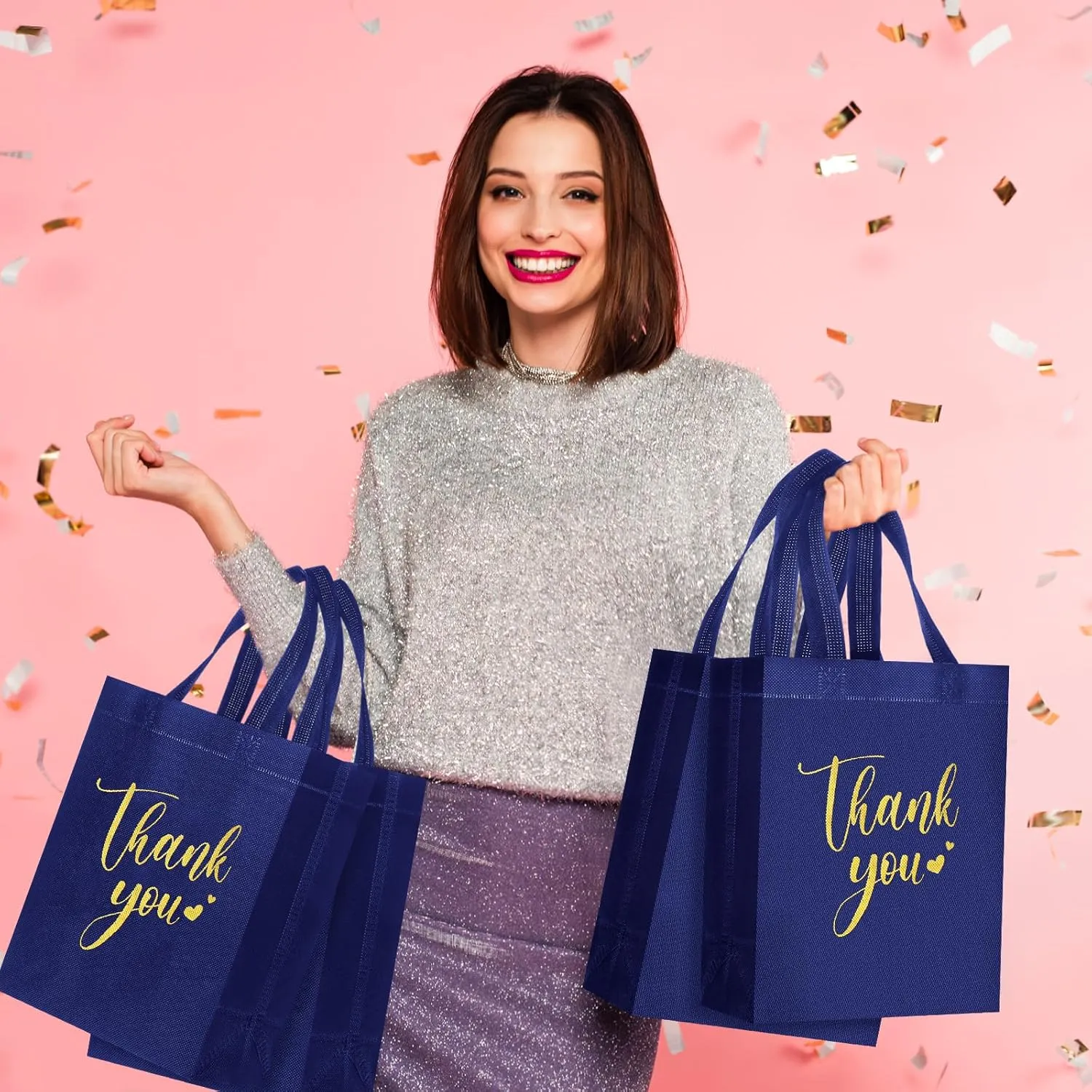 50 Pcs Thank You Gift Bags with Handles Bulk Thank You Non Woven Bags Reusable Gift Handbags Bridesmaid Souvenir Goodie Handbags for Wedding Shopping(10 x 8 x 4 Inch,Navy Blue)