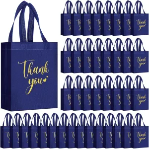 50 Pcs Thank You Gift Bags with Handles Bulk Thank You Non Woven Bags Reusable Gift Handbags Bridesmaid Souvenir Goodie Handbags for Wedding Shopping(10 x 8 x 4 Inch,Navy Blue)
