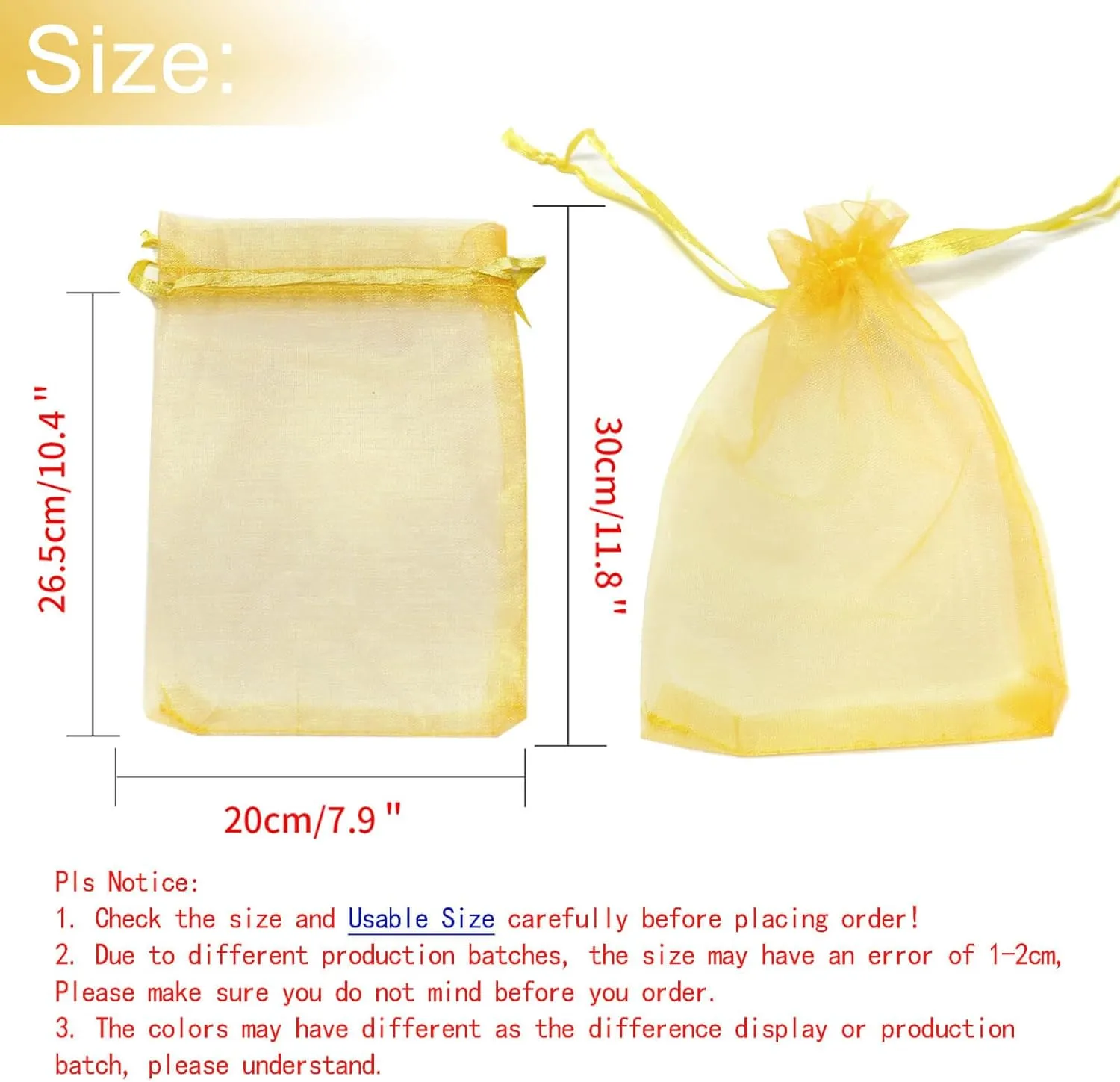 50Pcs Gold Organza Bags 8x12 Inches, Wedding Party Favor Gift Bags with Drawstring, Premium Candy Jewelry Pouch Wrapping Bag