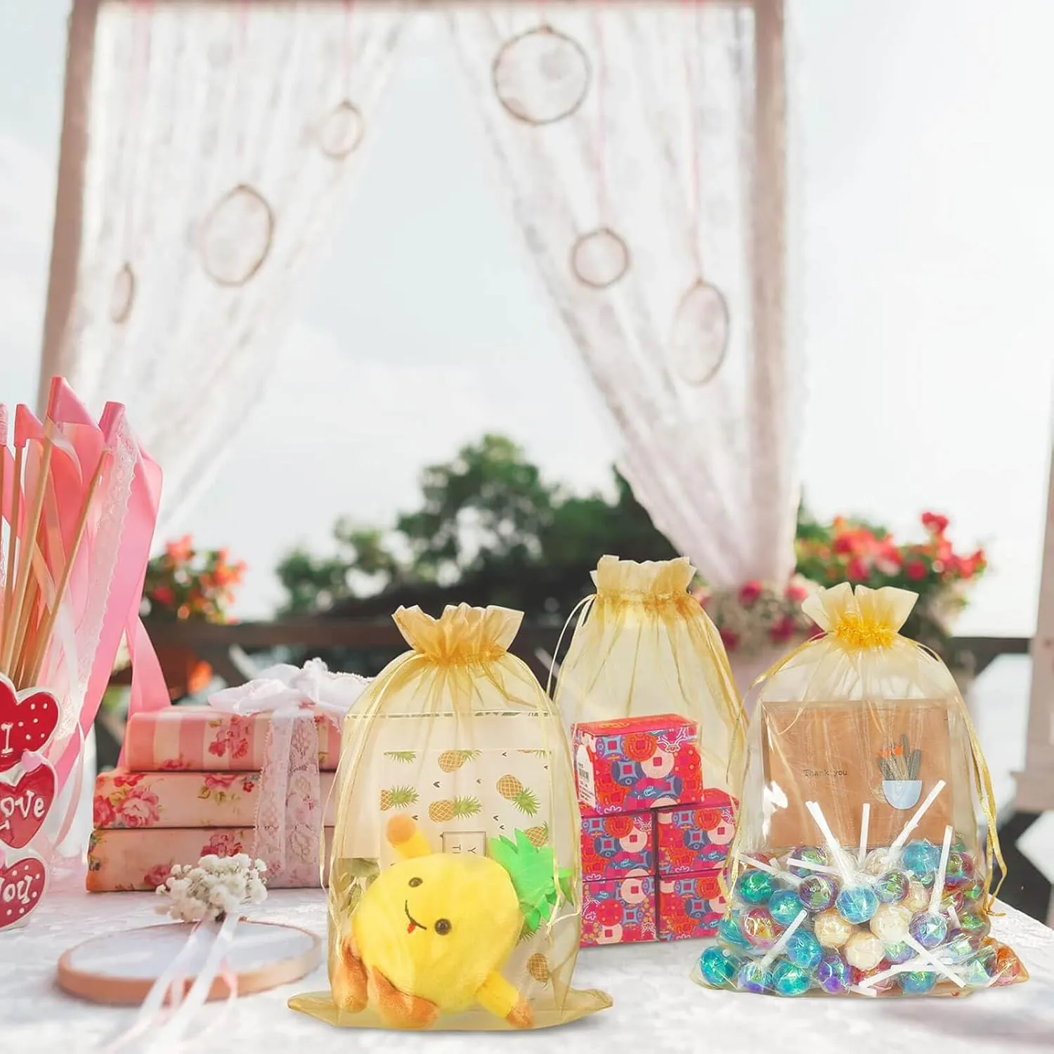 50Pcs Gold Organza Bags 8x12 Inches, Wedding Party Favor Gift Bags with Drawstring, Premium Candy Jewelry Pouch Wrapping Bag