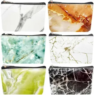 6 Pack PU Leather Zipper Bags Makeup Lipstick Cosmetic Organizer Storage Pouch Carrying Purse (Marble Pattern, Small 3.1" x 5.1")